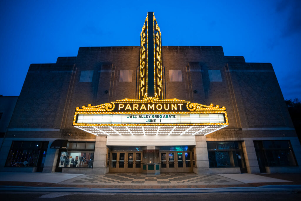 The marquee of the Paramount Arts Center illuminated on a show night in Ashland, Kentucky.